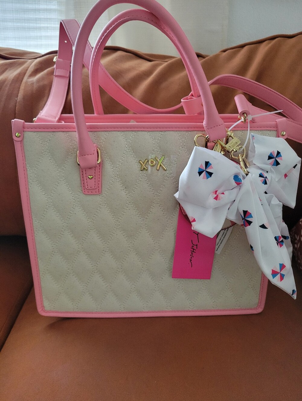 Betsy Johnson Quilted Cream Tote with Pink Trim and Bow Accent